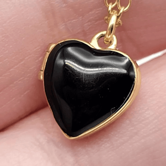 Black Enamel Heart Locket Pendant Gold Tone Necklace