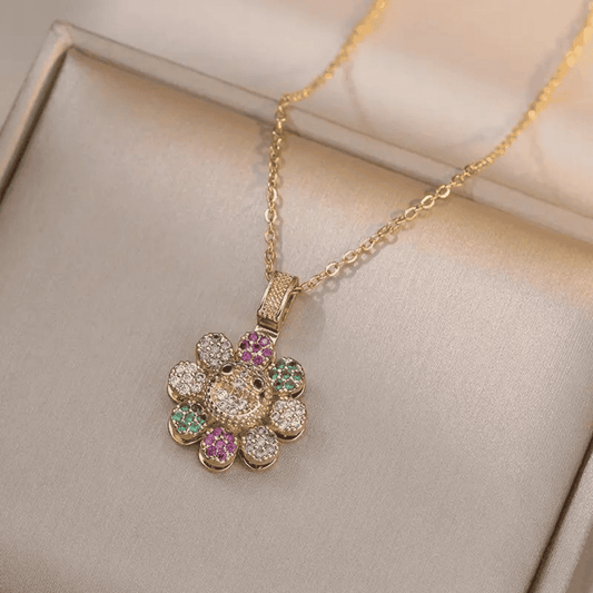 Gold Stainless Steel Spinning Zircon Flower Necklace 