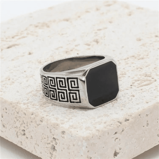 Great Wall Pattern Black Drop Glue Men Square Stainless Steel Ring