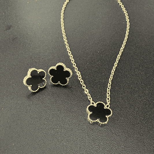 Stainless Steel Flower Necklace With Earrings For Women