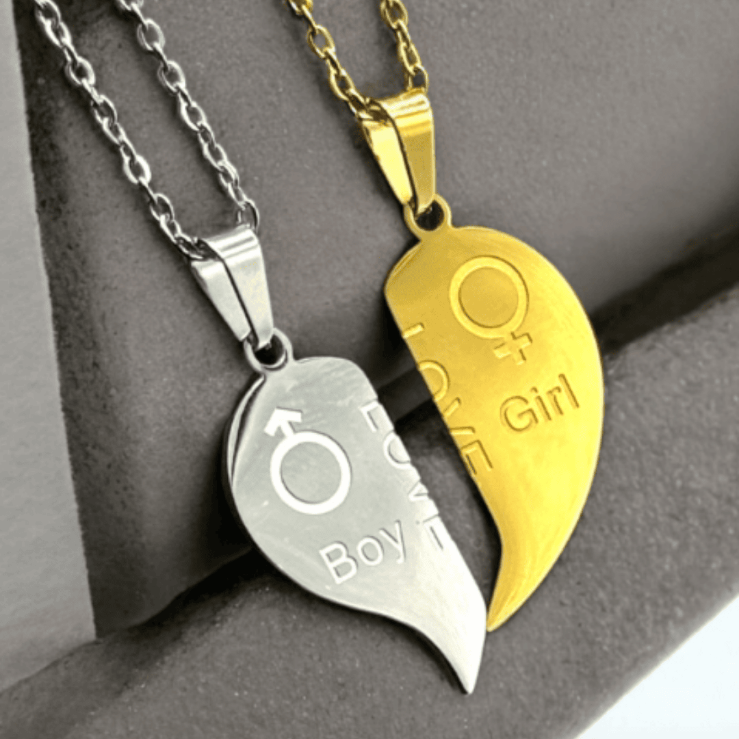 Stainless Steel Gold Silver Half Heart 2 Necklace