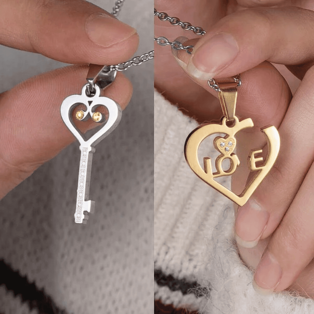 Zircon Stainless Steel Love Heart Necklace - "Key to My Heart" Couple Necklace Gift