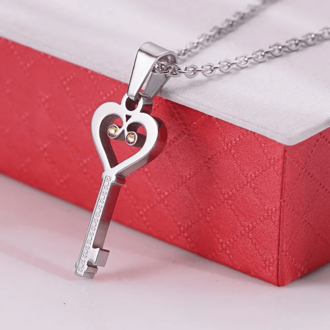 Zircon Stainless Steel Love Heart Necklace - "Key to My Heart" Couple Necklace Gift