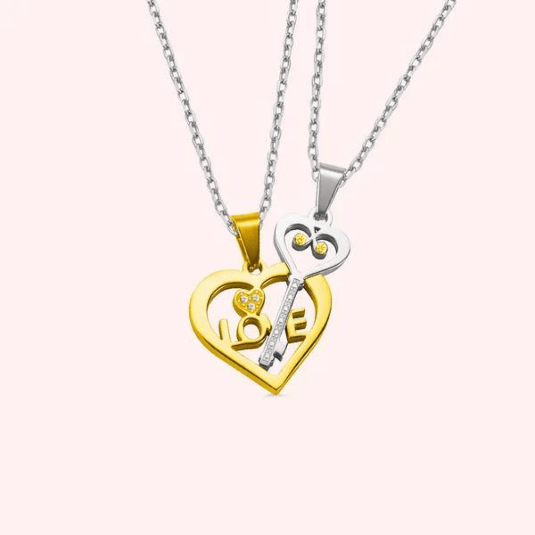 Zircon Stainless Steel Love Heart Necklace - "Key to My Heart" Couple Necklace Gift