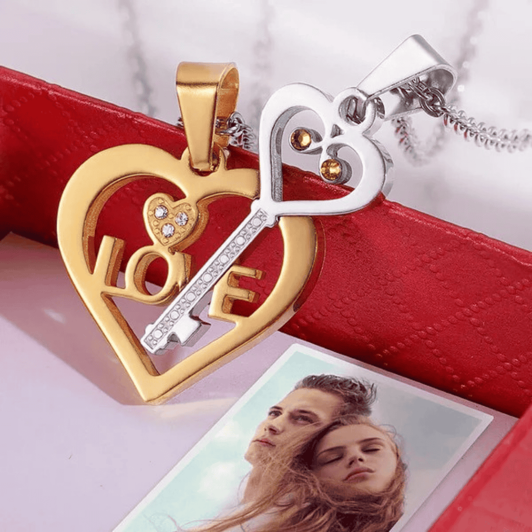 Zircon Stainless Steel Love Heart Necklace - "Key to My Heart" Couple Necklace Gift